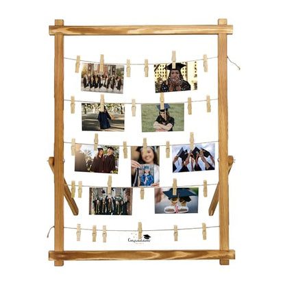 FramePro Wood Photo Display Board with Clips (Carbonized) | Freestanding stable desktop frame, holds up to 30 photos, ideal graduation table centerpiece decor - color: Carbonized Brown