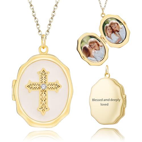 18K Gold Cross Locket Necklace for Women Holds Photo Necklace with Personalized Picture Necklaces Pendant 18 Inch Birthday Mother's Day for Women - color: Gold Cross