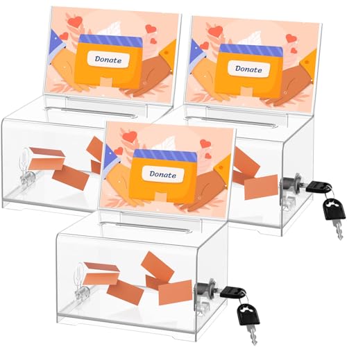 Clear Donation Box with Lock & Sign Holder, Versatile for Fundraising, Ballot Voting, Suggestions, and Tips Jar, Secure Storage Design, Size 6.2x4.6x4.0 Inch, Clear 2 Pack - size: Clear 3p