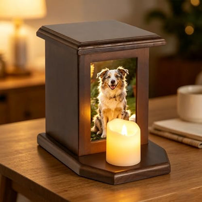 Dletay Pet Urn for Dogs 5.51 Inch with Photo Frame Memorial Small Cremation Urn for Dog Cat Ashes Decorative Pet Ashes Keepsake Memory Box Brown