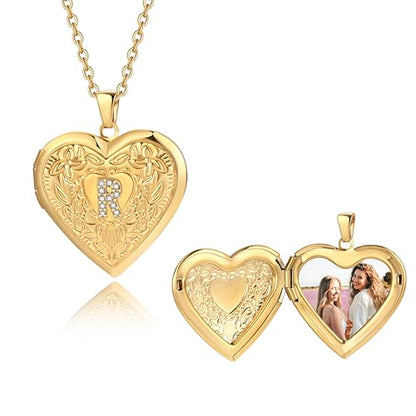 Badu Gold Initial A-Z Necklace for Women Heart Photo Lockets that Hold Picture Love Image Cubic Zirconia Necklace - color: R