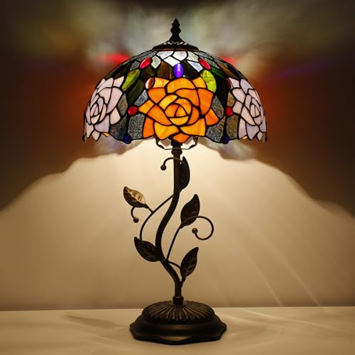 Tiffany Lamp Orange Red Rose Stained Glass Table Lamp - color: Orange Red Rose