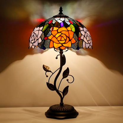 Tiffany Lamp Orange Red Rose Stained Glass Table Lamp - color: Orange Red Rose