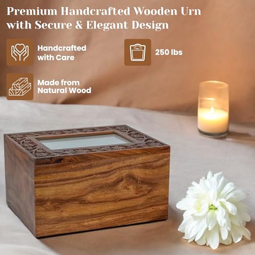 Rosewood Border Engraved Wooden Cremation Urns for Human Ashes Adult - Handcrafted Photo Funeral Memorial Ashes Urn - Columbarium Urn (250 Cubic Inches, Natural) - color: Natural