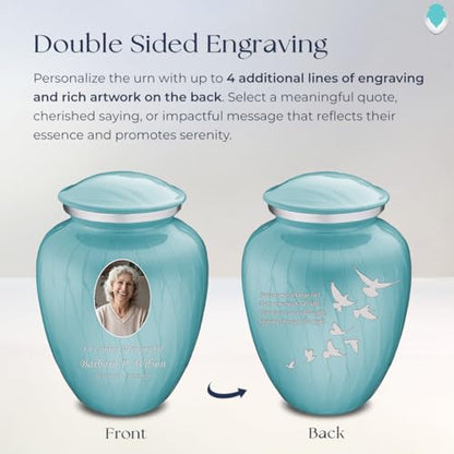Geturns Embrace Adult Personalized Doves Cremation Urns for Human Ashes I Large Picture Pearl Light Blue Funeral Urn for Adult Men and Women with Double Side Engraving I 200 lbs - color: _Pearl Light Blue (Double Sided)