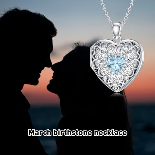 Heart Locket Necklace 925 Sterling Silver Personalized Picture Locket Pendant Birthday Christmas Jewelry Memorial Gifts for Women - color: March Crystal Locket
