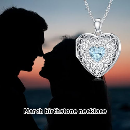 Heart Locket Necklace 925 Sterling Silver Personalized Picture Locket Pendant Birthday Christmas Jewelry Memorial Gifts for Women - color: March Crystal Locket