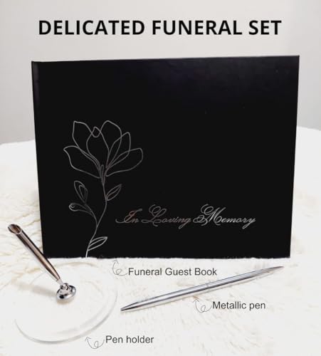 M&L STORE Funeral Guest Book with Silver Pen and Pen Holder – Memory Book for Celebration of Life with Elegant Design, 210 Guest Entries with Name & Address, 82 Pages, 10.2x7.8″, Black, Negro, FGB001