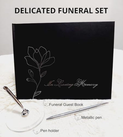 M&L STORE Funeral Guest Book with Silver Pen and Pen Holder – Memory Book for Celebration of Life with Elegant Design, 210 Guest Entries with Name & Address, 82 Pages, 10.2x7.8″, Black, Negro, FGB001