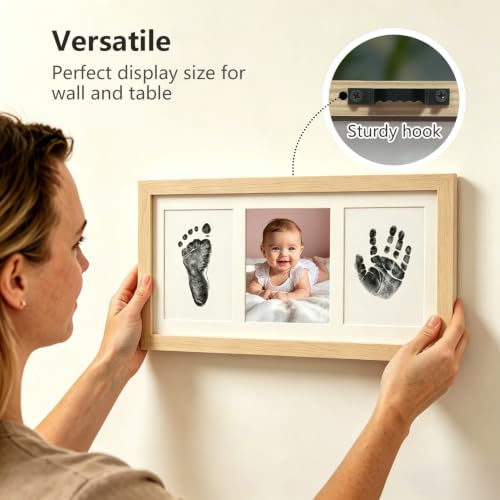 Baby Hand and Footprint Kit,Inkless Baby Handprint Kit with 2 Safe Clean-Touch Ink Pads and a Wooden Baby Picture Frames for Newborn,Baby Gifts-Ash Wood - color: Oak