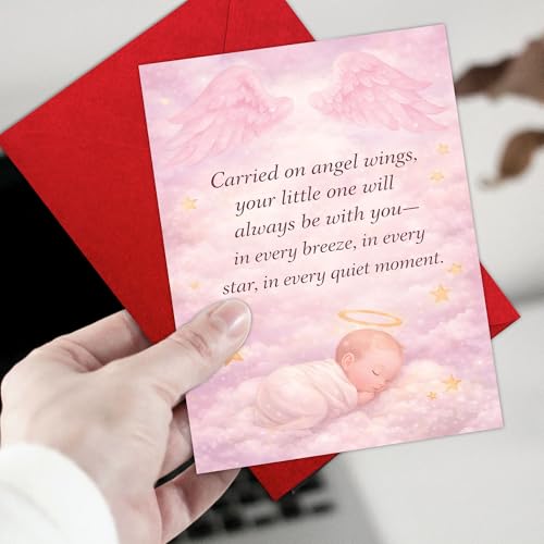 Baby Loss Sympathy Card, “Carried on Angel Wings Your Little One ” | Infant Loss Condolence Card, Miscarriage Remembrance Card Folded with Envelope - color: Baby Girl Angel Wings