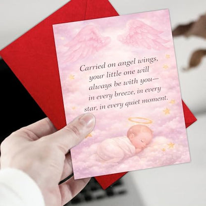 Baby Loss Sympathy Card, “Carried on Angel Wings Your Little One ” | Infant Loss Condolence Card, Miscarriage Remembrance Card Folded with Envelope - color: Baby Girl Angel Wings