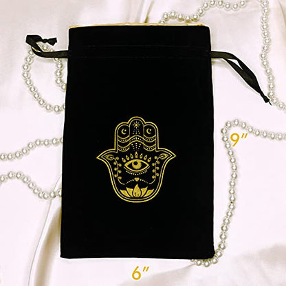 ARTSY CRAFTS 6x9" Hamsa Hand Velvet Jewelry Pouch Gift Bags, Fatima Hand Evil Eye Velvet Drawstring Oracle Tarot Card Rune bags Dice Bag (2pk Smoky Black) - color: 2pk Smoky Black