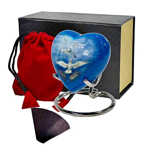 Heart Urn for Sacred Ashes Adult Male Female | Funeral Gift Pack of Dove Painted Small Heart Urn, Display Stand, Velvet Carry Bag, a Paper Funnel with Magnetic Closure Gift Box - color: Blue White-dove-heart