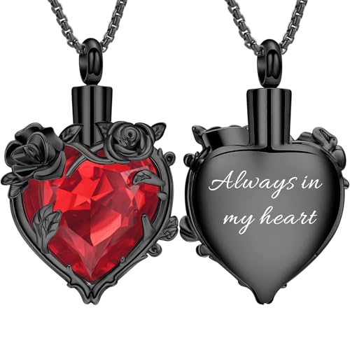 Rose Flower Cremation Urn Necklace for Ashes Heart Crystal Memorial Jewelry for Women Urn Keepsake Pendant Human Pet Memorial Locket Holder - color: A-Black (Red Stone) - Always in my heart