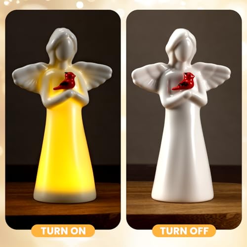 Riakrum Ceramic Cardinal Guardian Angel Night Light Figurine | Willow Messenger LED Ceramic with Wings Faith Decor for Sympathy Gifts, with Lighting Gift for Birthday - style: Cardinal