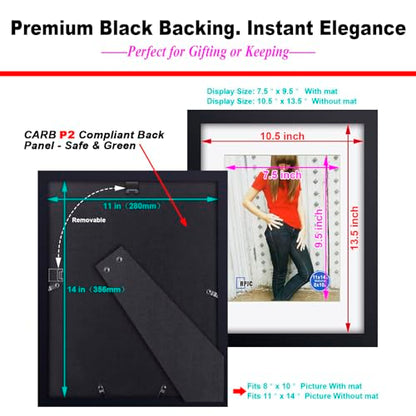 RPJC 11x14 Solid Wood Picture Frame Real Glass Cover Black - color: Black, size: 11x14 mat 8x10
