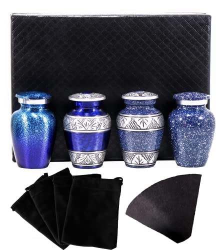 Blue Small Urns for Human Ashes Female Male | Set of 4 Premium Mini Keepsake Urns with Four Velvet Bags A Paper Funnel and A Stunning Magnet Closer Gift Box - color: Blue