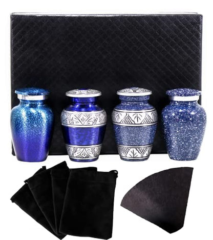 Blue Small Urns for Human Ashes Female Male | Set of 4 Premium Mini Keepsake Urns with Four Velvet Bags A Paper Funnel and A Stunning Magnet Closer Gift Box - color: Blue