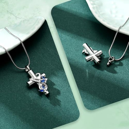 Butterfly Cross Cremation Jewelry Urn Necklaces Stainless Steel Cross Urn Necklaces for Ashes Memorial Keepsake Pendant for Women Gifts With Funnel Kit & Bag - color: SilverBlue