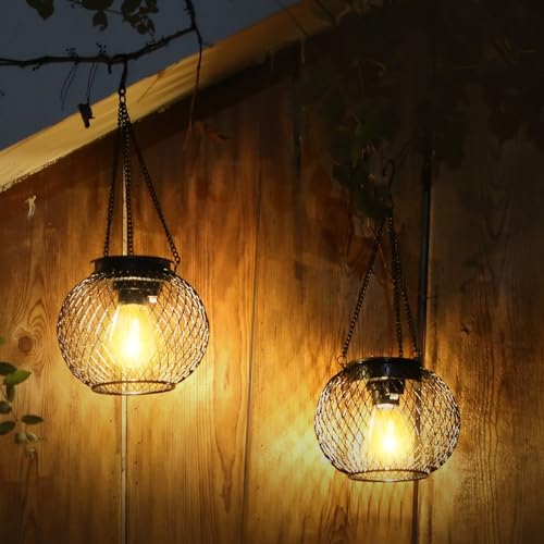 Solar Lantern Outdoor Waterproof,Hanging Solar Lights,2 Pack,Black | Solar Lantern Outdoor, Hanging Lights Outdoor Garden Metal Lanterns Decorative Waterproof Tree for Yard Patio
