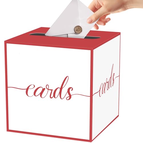 Red Card Box for Party, Graduation, Baby Shower, Christmas | Box for Cards, Envelope, Raffle Ticket, Ballot, Money Receiving; 8.7 x 8.7 x 8.7 Inch Gift Card Box for Grad Party Decoration - color: Red Trim