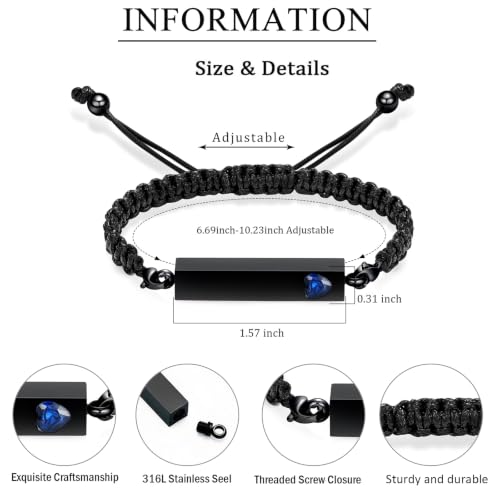 zeqingjw Vertical Bar Urn Bracelet for Ashes for Women Men Stainless Steel Cremation Jewelry Braided Rope Adjustable Keepsake Bracelets of Loved Ones Ash Holder Memorial Gift - color: Black-Blue