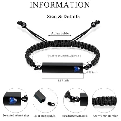 zeqingjw Vertical Bar Urn Bracelet for Ashes for Women Men Stainless Steel Cremation Jewelry Braided Rope Adjustable Keepsake Bracelets of Loved Ones Ash Holder Memorial Gift - color: Black-Blue