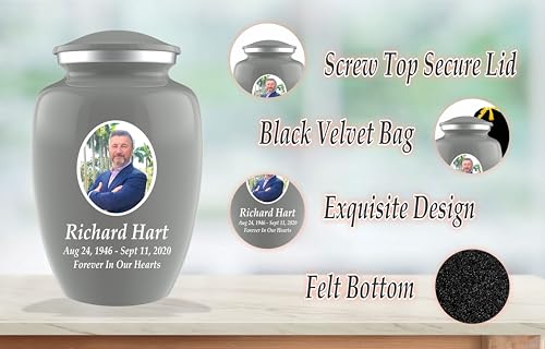 Personalized Photo Cremation Urns for Adult Ashes Male Female - 200lbs Custom Photo Burial Urns for Human Ashes - Engraved Handcrafted Funeral Decorative Urns for Adult with Velvet Bag, Grey