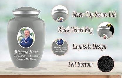 Personalized Photo Cremation Urns for Adult Ashes Male Female - 200lbs Custom Photo Burial Urns for Human Ashes - Engraved Handcrafted Funeral Decorative Urns for Adult with Velvet Bag, Grey