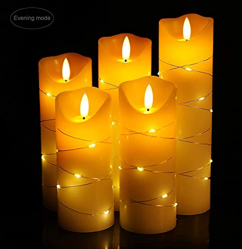 danip flameless Candle, with Embedded String Lights, 5-piece LED Candles, with 10-Key Remote Control, 24-Hour Timer Function, Dancing Flame, Real Wax, Battery-Powered. (Ivory White) - color: WhiteH#1*5