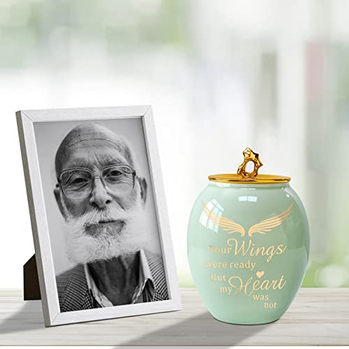 Green Medium Cremation Urn for Human Ashes Adult Male Female | Angel Ceramic Urn for Ashes Men Women Dad Mom,Memorial Urn with Velvet Bag & Funnel – A Perfect Tribute & Gift for Families - size: Medium