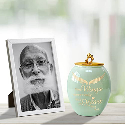 Green Medium Cremation Urn for Human Ashes Adult Male Female | Angel Ceramic Urn for Ashes Men Women Dad Mom,Memorial Urn with Velvet Bag & Funnel – A Perfect Tribute & Gift for Families - size: Medium