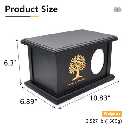 Cremation Urn Adult Human Ashes, Wood Tree of Life Box with Photo Frame | Holds up to 250 lbs, Wooden Urns Box and Casket for Men Women, Black, Dimensions: 10.83"L x 6.89"W x 6.3"H