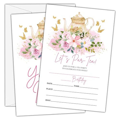 Birthday Invitations - Princess Tea Party Birthday Invites with Envelopes(25-Count) - Floral Brunch Fill-in Party Invite Cards for Girls Kids Party Supplies Favors - A11 - style: Princess Tea Party