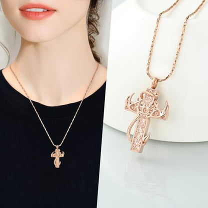 Imrsanl Cross Urn Necklace for Ashes for Women Men | Cremation Jewelry, Fish Hook Deer Antler Design Memorial Pendant, Human Pets Ashes Holder Keepsake - color: Rose Gold