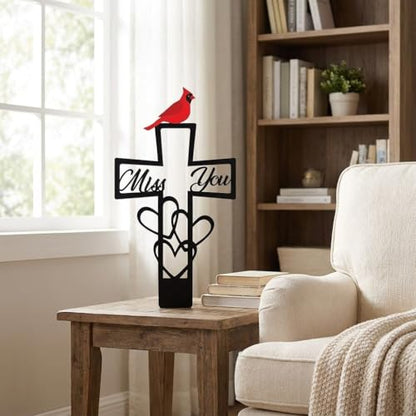 Metal Cardinal Memorial Grave Marker Cross - Miss You Red Bird Sympathy Gift for Cemetery - Weatherproof Garden Remembrance Stake for Loss of Loved One, Bereavement Tribute Decor