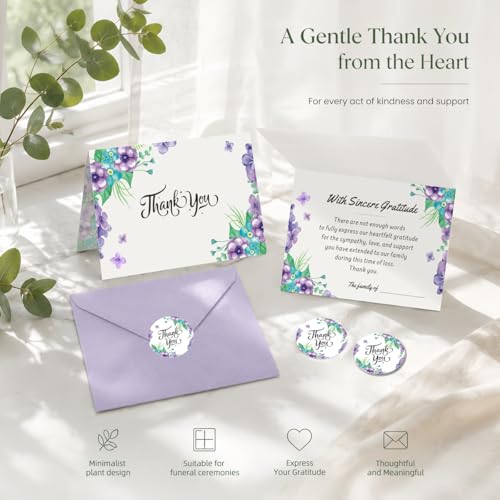 28 Pack Funeral Thank You Cards with Envelopes & Stickers, 6x8 Inches Foldable, Sympathy Bereavement Notes with Message Inside, Suitable for Memorial Services (Style 1)