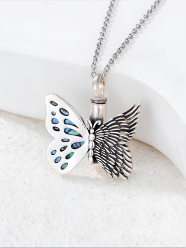 Flower Butterfly Urn Necklace for Ashes 925 Sterling Silver Urn Necklace Keepsake Cremation Jewelry Memorial Gifts for Women Loss Loved One - color: 03-Butterfly Angel Wings