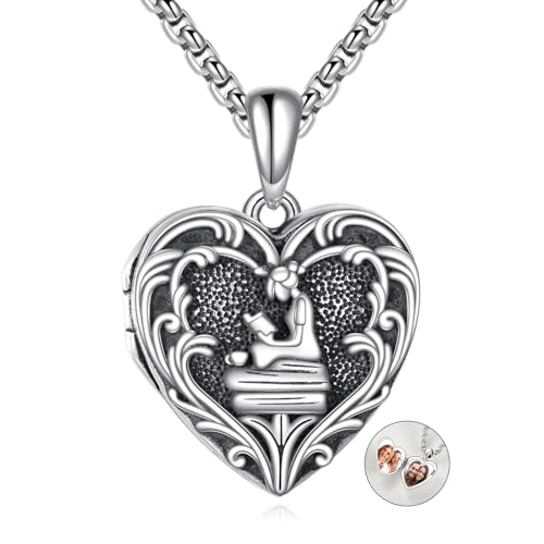 Personalized Heart Locket Necklace 925 Sterling Silver That Holds Pictures Photo Keep Someone Near to You Custom Lockets Necklaces Letters Engraving for His Her - style: Book Lover locket only