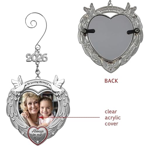 2026 Memorial Photo Ornament with Angel Wings & Doves, Christmas Picture Ornament with Crystal Accent, Sympathy Keepsake Gift, Holds Photo, Silver Finish, 3 Inch, Storage Gift Bag Included