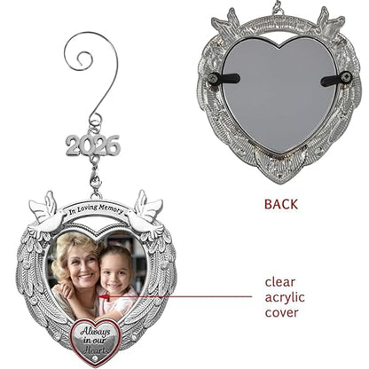 2026 Memorial Photo Ornament with Angel Wings & Doves, Christmas Picture Ornament with Crystal Accent, Sympathy Keepsake Gift, Holds Photo, Silver Finish, 3 Inch, Storage Gift Bag Included