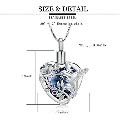 Yinplsmemory Hummingbird Cremation Jewelry Crystal Heart Urn Ashes Necklace for Women Men Memorial Keepsake Necklace of Loved One - color: Purple-Silver