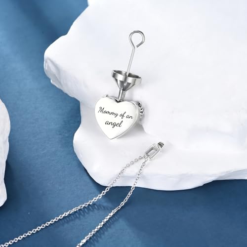 Family Members Urn Necklace for Ashes 925 Sterling Silver Angel Wings Heart Cremation Memorial Keepsake Pendant Jewelry for Loved One's Ashes, with 18" + 2" Stainless Steel Chain - style: Heart-Mommy of an angel
