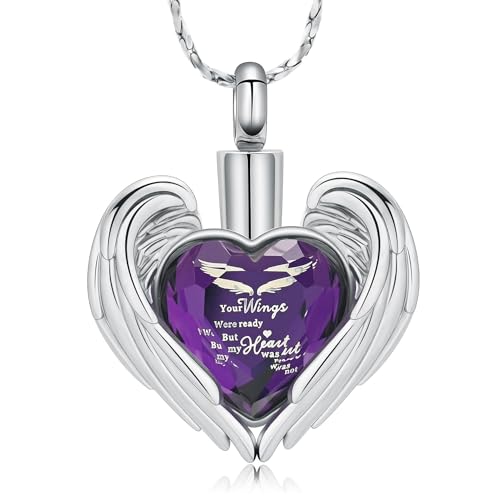 constantlife Crystal Heart Shape Cremation Jewelry Memorial Urn Necklace for Ashes, Stainless Steel Ash Holder Pendant Keepsake with Gift Box Charms Accessories for Women - color: Your Wings-Purple