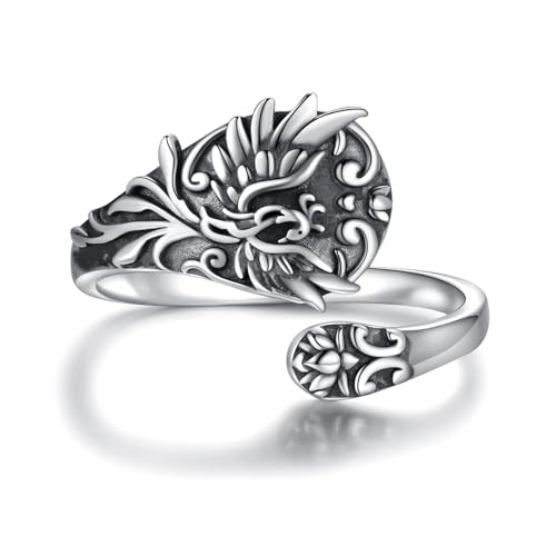 Rising Phoenix Spoon Ring Adjustable 925 Sterling Silver Rise from the Ashes Lotus Jewelry Gifts for Women