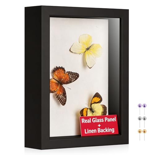 5x7 Small Shadow Box Frame with Ultra-Clear Glass & Soft Linen Back | With Push Pins and Stand, Deep 1.2" Black Shadow Box Display Case – Display on Tabletop or Wall for Photo, Flower, Keepsakes - color: Black+high Definition Panel + Shatter-proof Packagi