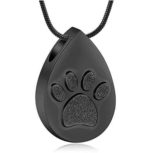 Droplet Shape Cremation Jewelry for Dog/Cat Paw Print for Ashes Keepsake Memorial Urn Pendant Necklace with Stainless Chain and Fill Kits for Men Women - color: Black