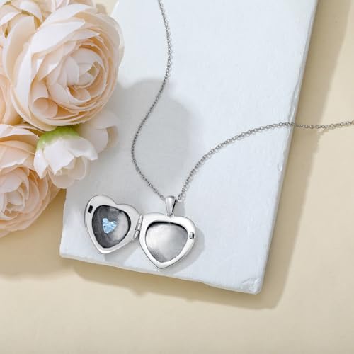 Heart Photo Locket Necklace 925 Sterling Silver Birthstone Gemstone That Holds 2 Pictures Locket Necklace Jewelry Gifts for Mother Women Mom Mother's Day Christmas Birthday - style: 03-March-Aquamarine-Customize