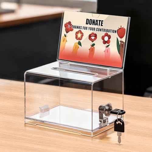 KYODOLED Clear Donation Box With Lock & Slot, Acrylic Raffle Box & Tip Jar | 4x6" Sign Holder, Cash & Raffle Ticket Collection, Church Fundraising, School Voting & Office Suggestions, 6.2 x 4.6 x 4.0 In - color: Clear-PS-1P, size: 6.2 x 4.6 x 4 inch